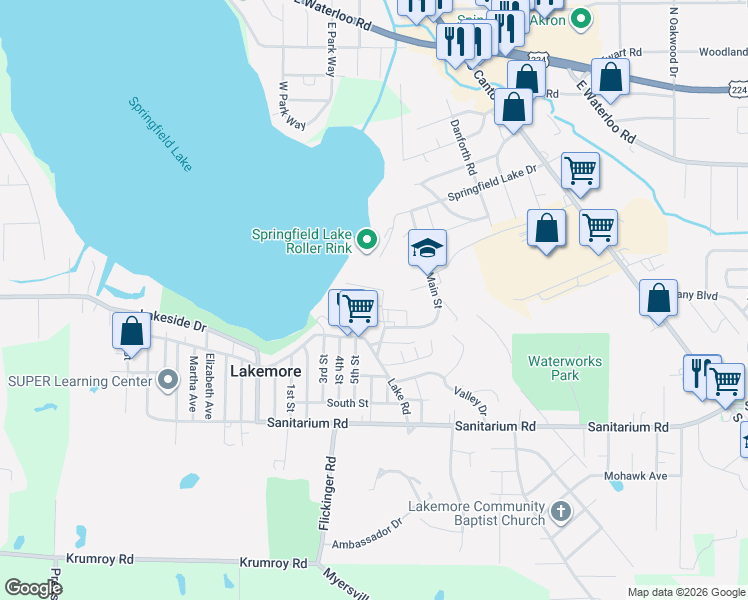 map of restaurants, bars, coffee shops, grocery stores, and more near 2582 Harlan Avenue in Akron