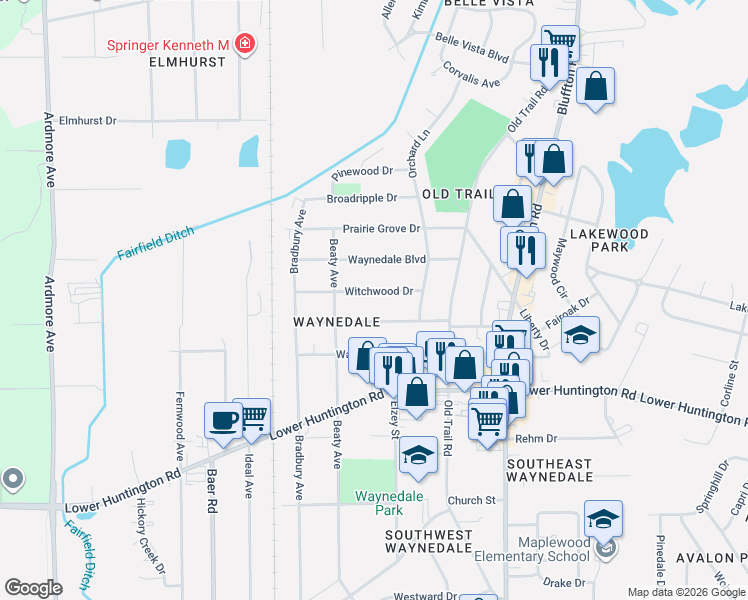 map of restaurants, bars, coffee shops, grocery stores, and more near 2804 Witchwood Drive in Fort Wayne