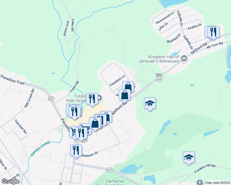 map of restaurants, bars, coffee shops, grocery stores, and more near 203 American Way in East Stroudsburg