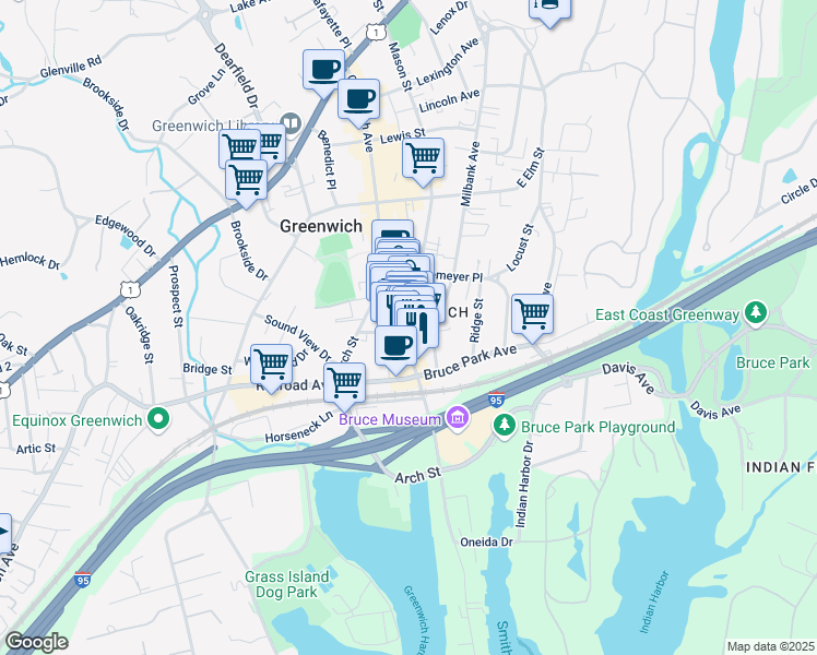 map of restaurants, bars, coffee shops, grocery stores, and more near 363 Greenwich Avenue in Greenwich