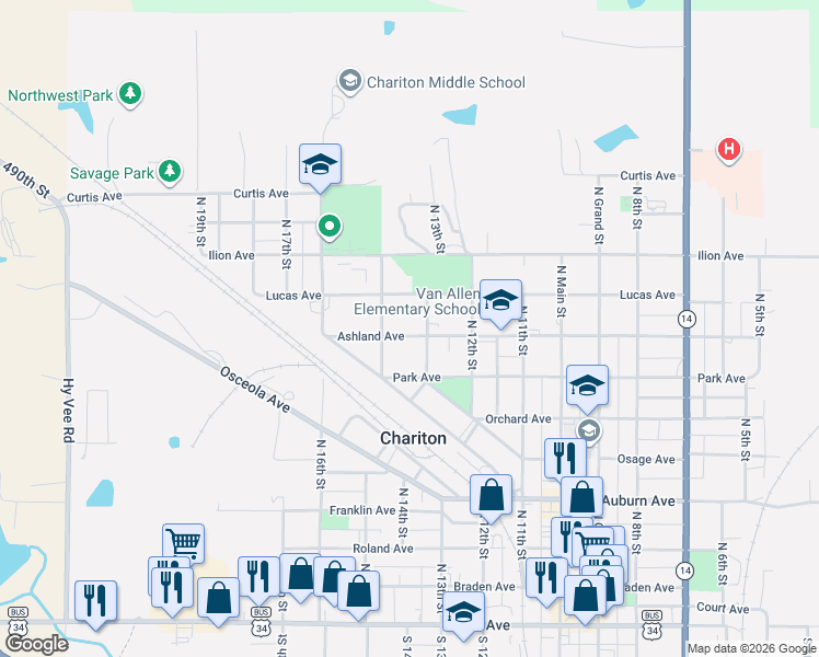 map of restaurants, bars, coffee shops, grocery stores, and more near 810 North 14th Street in Chariton