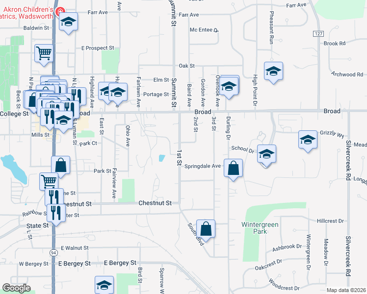 map of restaurants, bars, coffee shops, grocery stores, and more near 455 Wood Street in Wadsworth