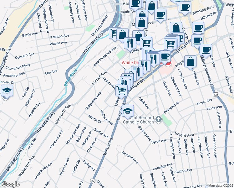 map of restaurants, bars, coffee shops, grocery stores, and more near 1 Orchard Parkway in White Plains