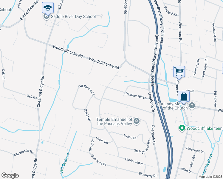 map of restaurants, bars, coffee shops, grocery stores, and more near 64 Heatherhill Lane in Woodcliff Lake