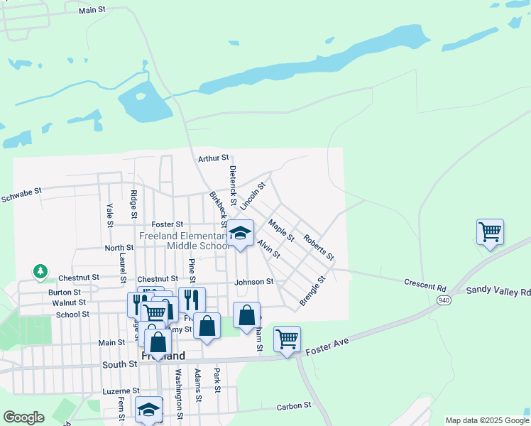 map of restaurants, bars, coffee shops, grocery stores, and more near 407 Maple Street in Freeland
