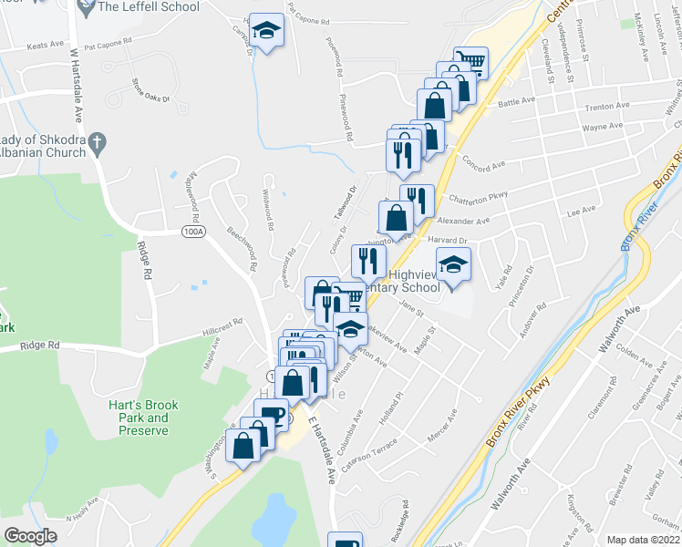 map of restaurants, bars, coffee shops, grocery stores, and more near 125 North Washington Avenue in Hartsdale