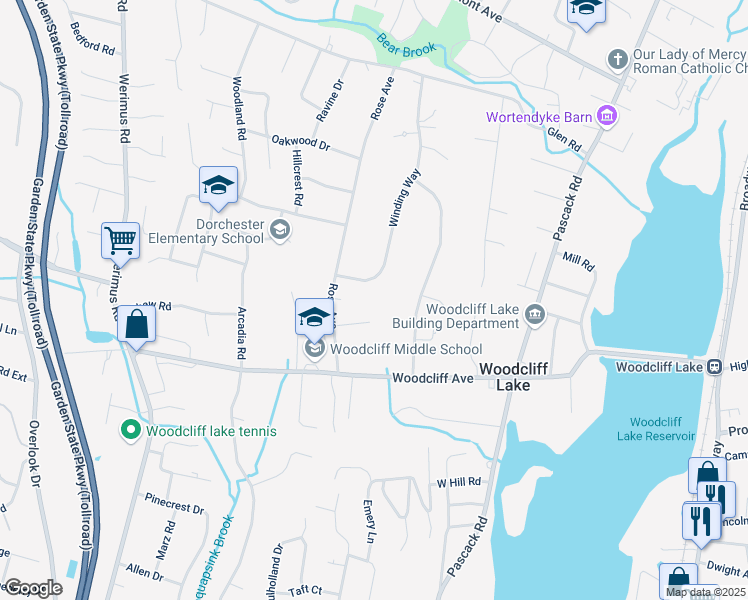 map of restaurants, bars, coffee shops, grocery stores, and more near 99 Winding Way in Woodcliff Lake