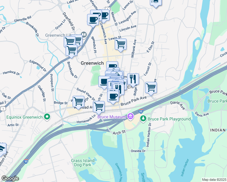 map of restaurants, bars, coffee shops, grocery stores, and more near 359 Greenwich Avenue in Greenwich