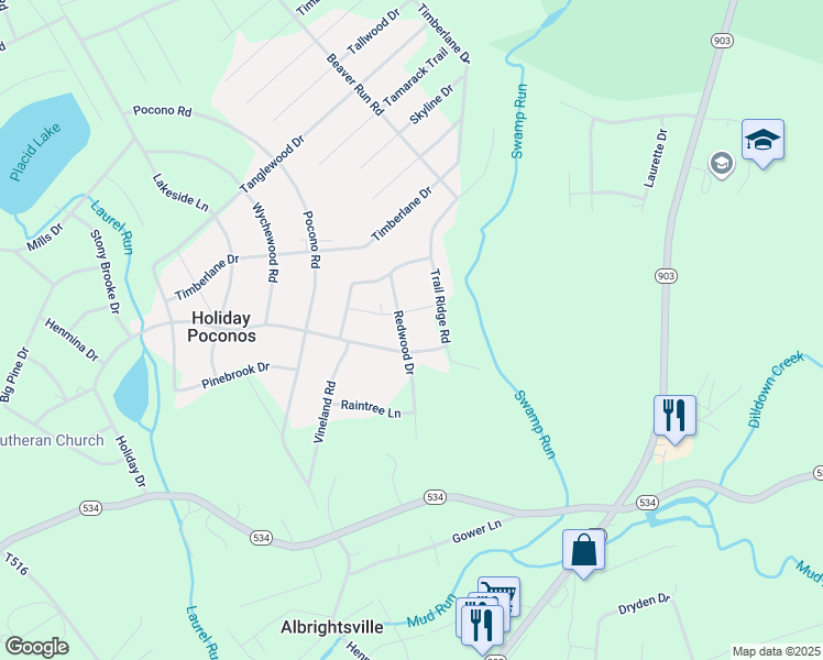 map of restaurants, bars, coffee shops, grocery stores, and more near 31 Redwood Drive in Lake Harmony