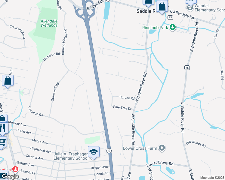 map of restaurants, bars, coffee shops, grocery stores, and more near 25 Overlook Road in Saddle River