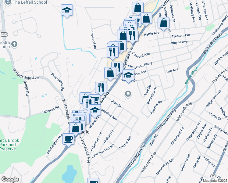 map of restaurants, bars, coffee shops, grocery stores, and more near 313-383 Central Park Ave in Hartsdale