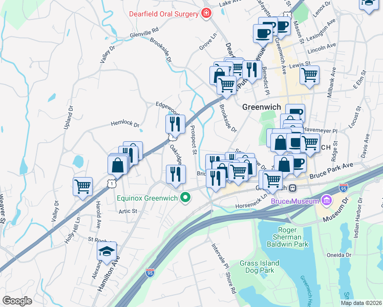 map of restaurants, bars, coffee shops, grocery stores, and more near 55 Prospect Street in Greenwich