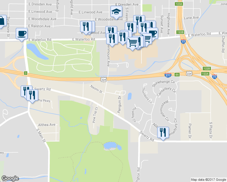 map of restaurants, bars, coffee shops, grocery stores, and more near 2067 Penguin Drive in Akron