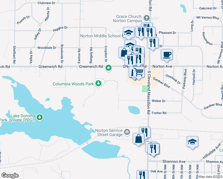 map of restaurants, bars, coffee shops, grocery stores, and more near 3355 Columbia Woods Drive in Norton
