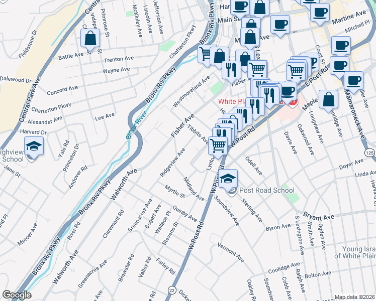 map of restaurants, bars, coffee shops, grocery stores, and more near 7 Ridgeview Avenue in White Plains