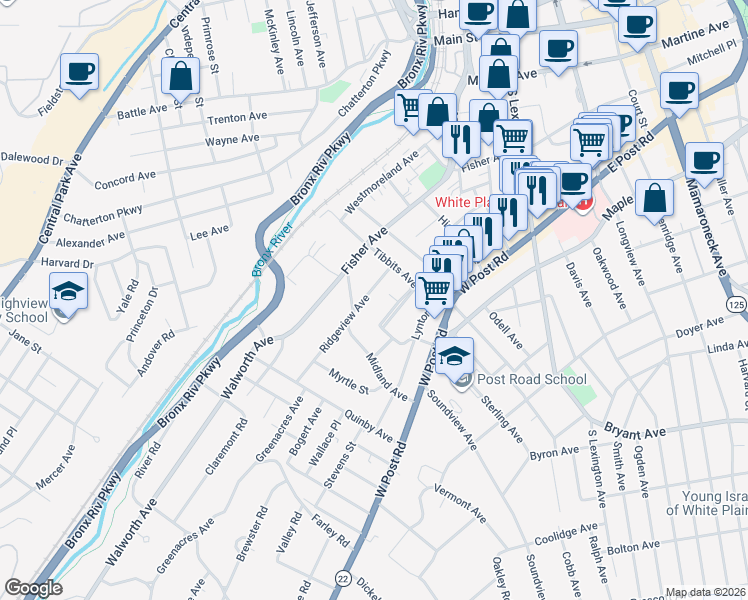 map of restaurants, bars, coffee shops, grocery stores, and more near 7 Ridgeview Avenue in White Plains