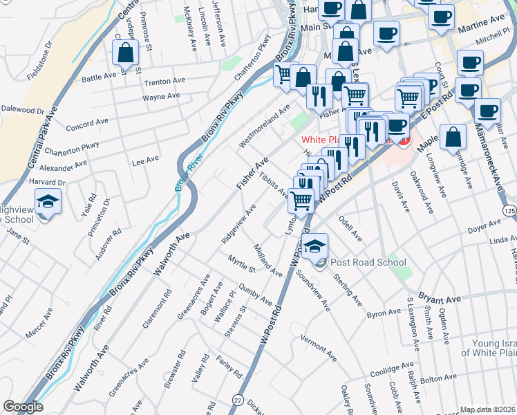 map of restaurants, bars, coffee shops, grocery stores, and more near 7 Ridgeview Avenue in White Plains