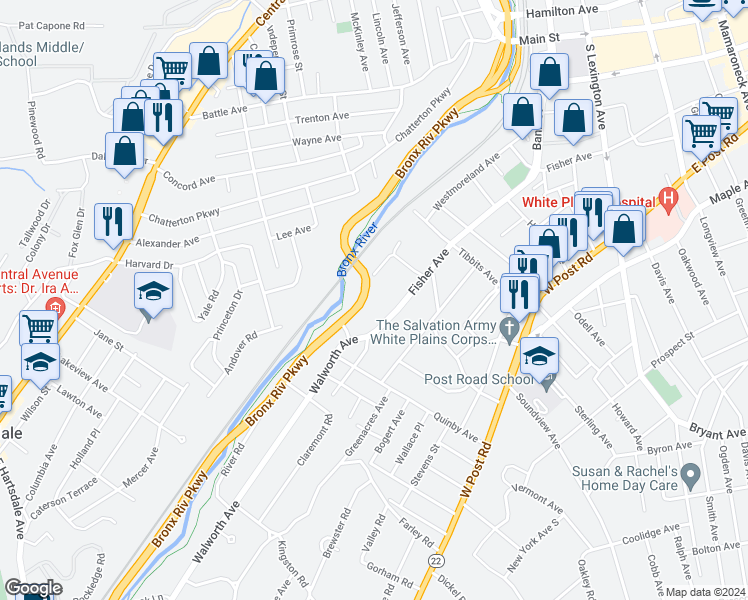 map of restaurants, bars, coffee shops, grocery stores, and more near 19 Bronx River Parkway in White Plains