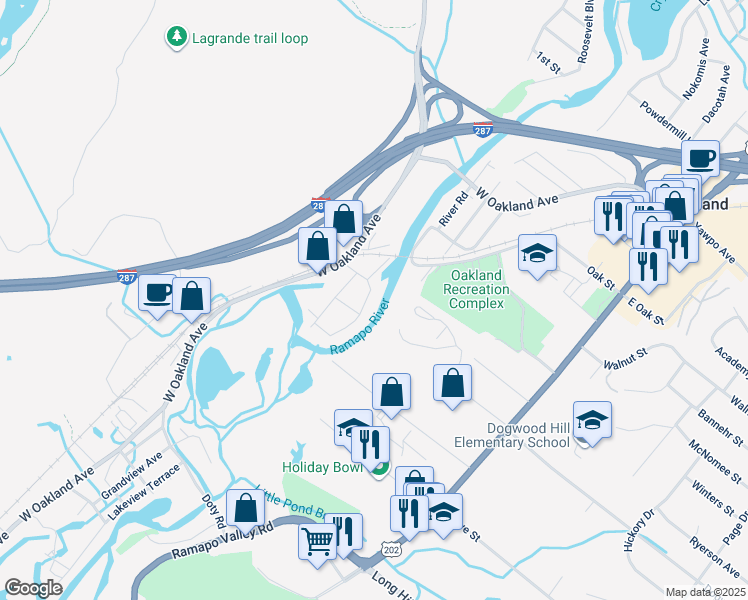 map of restaurants, bars, coffee shops, grocery stores, and more near 11 Park Drive in Oakland