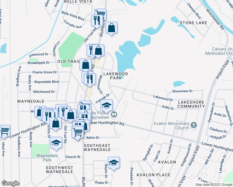 map of restaurants, bars, coffee shops, grocery stores, and more near 2105 Lakewood Drive in Fort Wayne