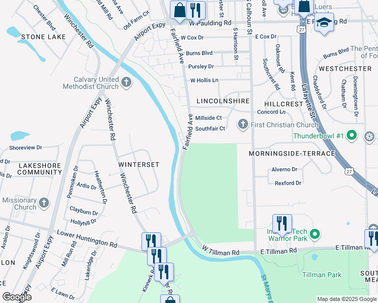 map of restaurants, bars, coffee shops, grocery stores, and more near 6600 Fairfield Avenue in Fort Wayne