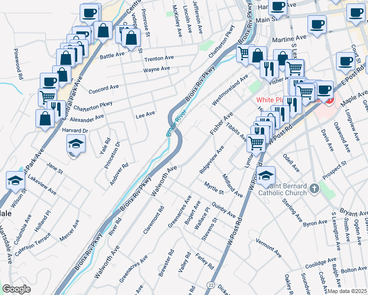 map of restaurants, bars, coffee shops, grocery stores, and more near 19 Bronx River Parkway in White Plains