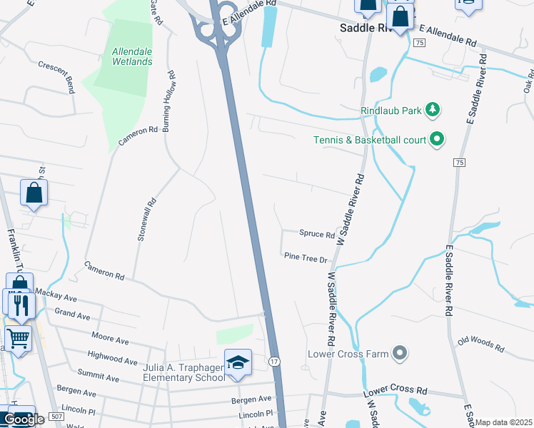 map of restaurants, bars, coffee shops, grocery stores, and more near 25 Overlook Road in Saddle River