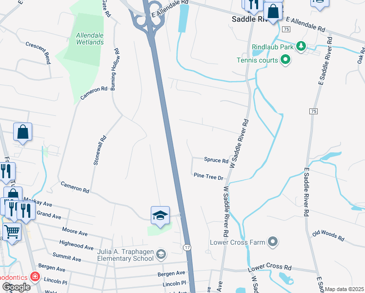 map of restaurants, bars, coffee shops, grocery stores, and more near 28 Overlook Road in Saddle River