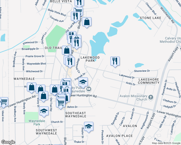map of restaurants, bars, coffee shops, grocery stores, and more near 2105 Lakewood Drive in Fort Wayne