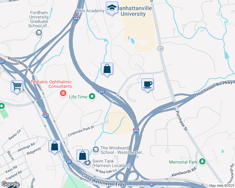 map of restaurants, bars, coffee shops, grocery stores, and more near 2 Manhattanville Road in Harrison