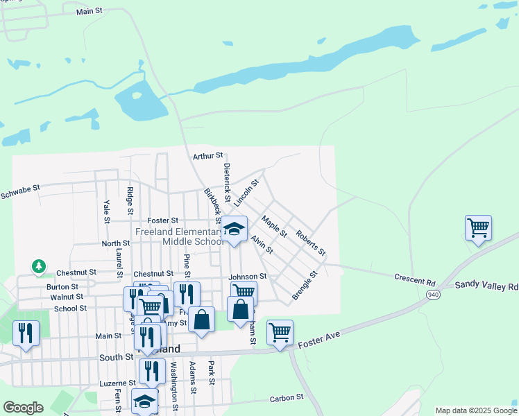 map of restaurants, bars, coffee shops, grocery stores, and more near 407 Maple Street in Freeland
