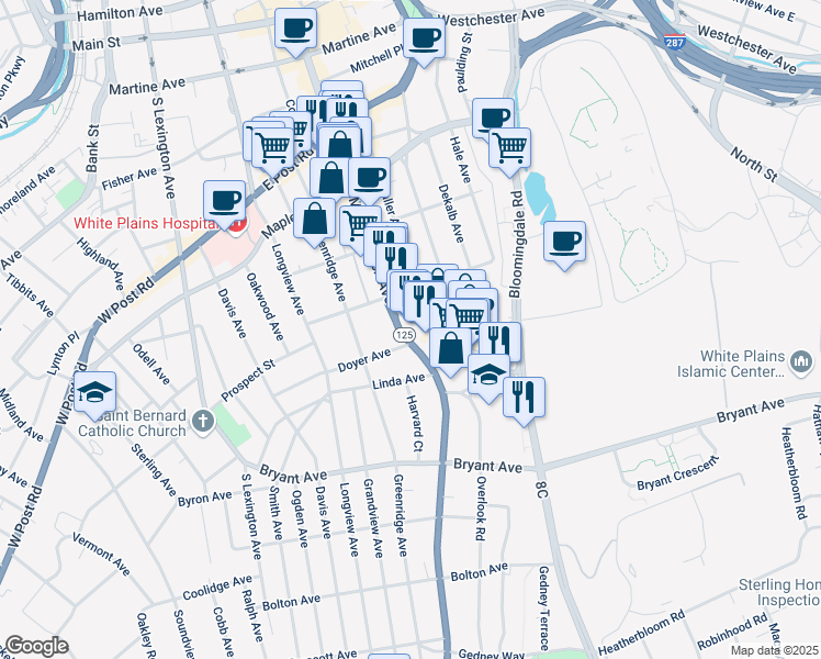 map of restaurants, bars, coffee shops, grocery stores, and more near 3 Old Mamaroneck Road in White Plains