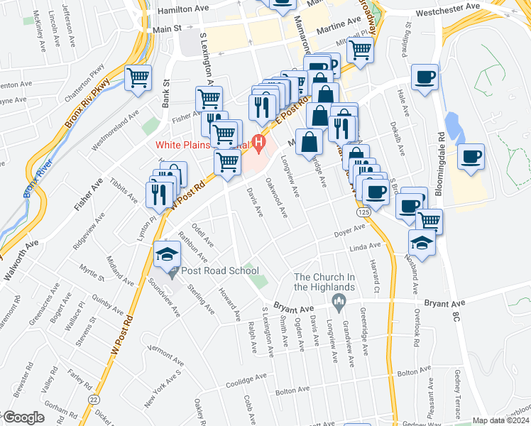 map of restaurants, bars, coffee shops, grocery stores, and more near 50 Davis Avenue in White Plains