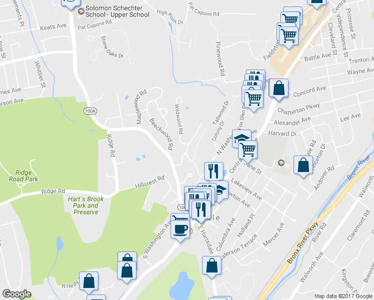 map of restaurants, bars, coffee shops, grocery stores, and more near 70 Pinewood Road in Hartsdale