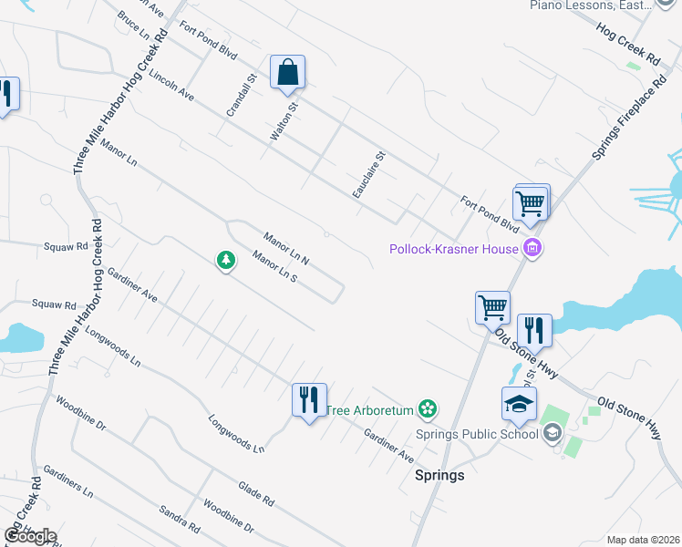 map of restaurants, bars, coffee shops, grocery stores, and more near 67 Manor Lane North in East Hampton