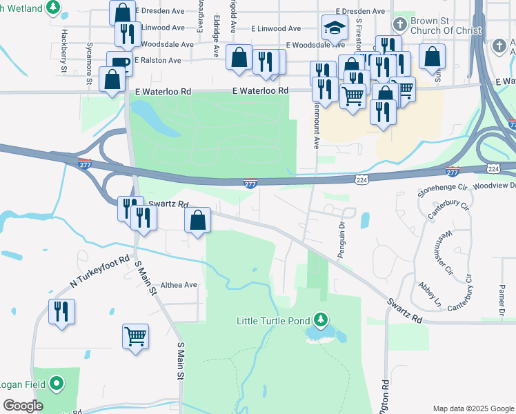 map of restaurants, bars, coffee shops, grocery stores, and more near 2268 Markey Street in Akron