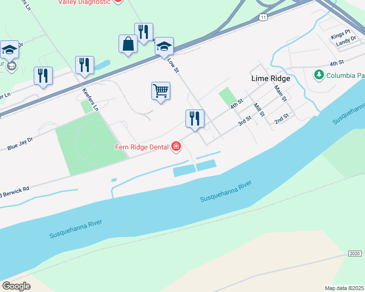 map of restaurants, bars, coffee shops, grocery stores, and more near 6130 4th Street in Bloomsburg