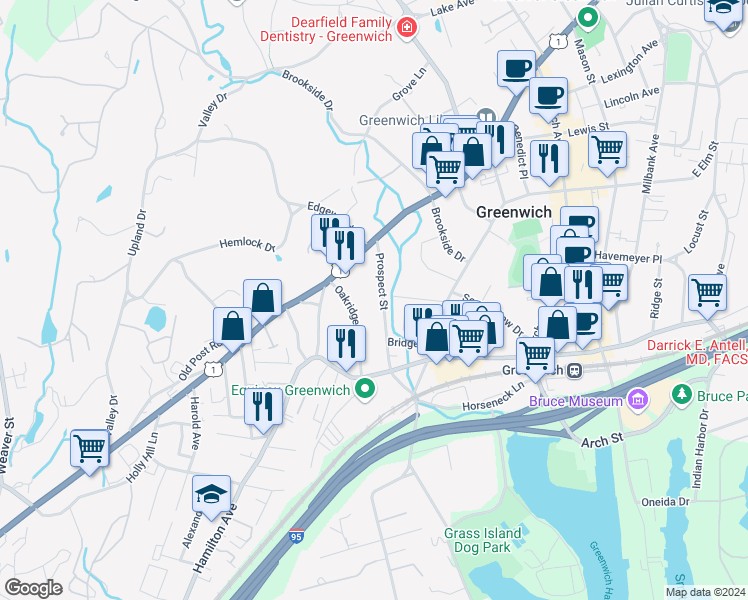 map of restaurants, bars, coffee shops, grocery stores, and more near 56 Prospect Street in Greenwich