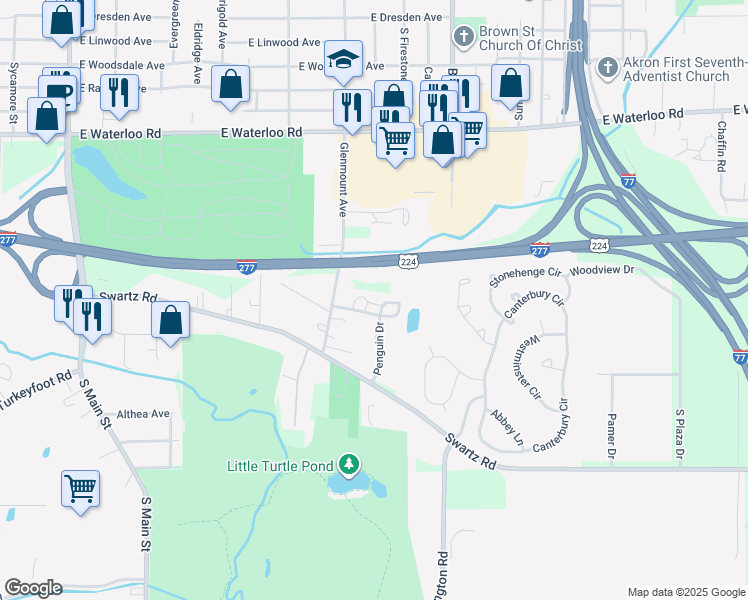 map of restaurants, bars, coffee shops, grocery stores, and more near 2095 Penguin Drive in Akron