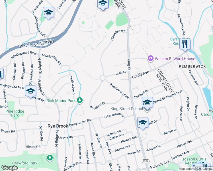 map of restaurants, bars, coffee shops, grocery stores, and more near 24 Beechwood Boulevard in Rye Brook