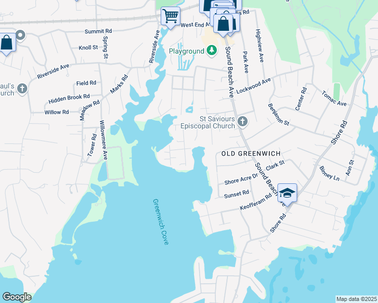 map of restaurants, bars, coffee shops, grocery stores, and more near 16 Grimes Road in Greenwich