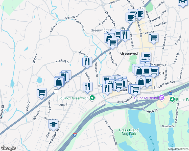 map of restaurants, bars, coffee shops, grocery stores, and more near 55 Prospect Street in Greenwich