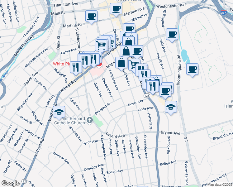 map of restaurants, bars, coffee shops, grocery stores, and more near 29 Oakwood Avenue in White Plains
