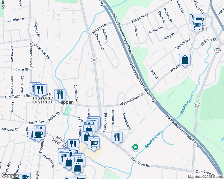 map of restaurants, bars, coffee shops, grocery stores, and more near 16 Schreiber Lane in Tappan