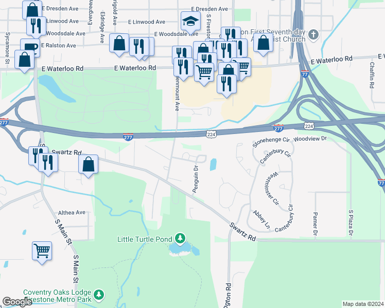 map of restaurants, bars, coffee shops, grocery stores, and more near 2067 Penguin Drive in Akron