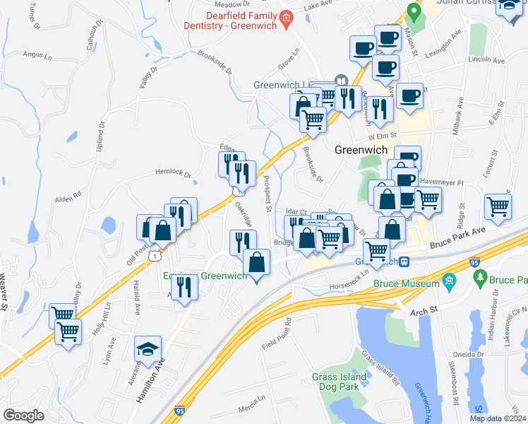 map of restaurants, bars, coffee shops, grocery stores, and more near 54 Prospect Street in Greenwich