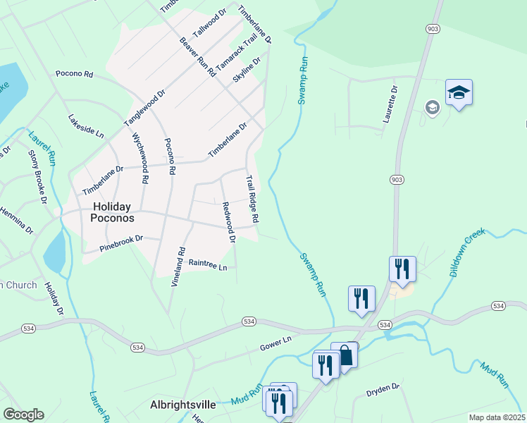 map of restaurants, bars, coffee shops, grocery stores, and more near 16 Trail Ridge Road in Albrightsville