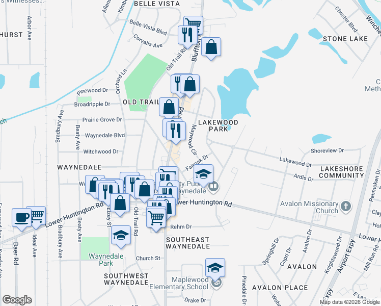 map of restaurants, bars, coffee shops, grocery stores, and more near 6426 Maywood Circle in Fort Wayne
