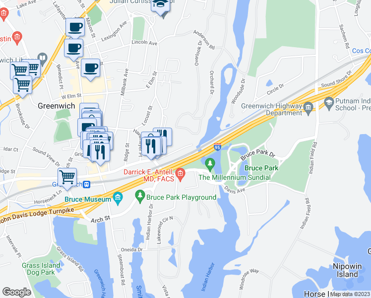 map of restaurants, bars, coffee shops, grocery stores, and more near 290 Bruce Park Avenue in Greenwich