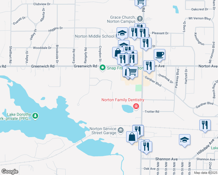 map of restaurants, bars, coffee shops, grocery stores, and more near 3357 Columbia Woods Drive in Norton